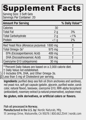 Nordic Naturals Cholesterol Support Omega blend with red yeast rice and CoQ10- 60 softgels