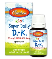 Carlson Kids Super Daily D3 +K2 Drops- 1000 I.U of Vitamin D3+ Vitamin K2 -360 drops