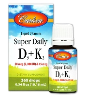 Carlson Super Daily D3+K2 - 2000 I.U of Vitamin D3 +22.5 mcg of Vitamin K2- 360 drops
