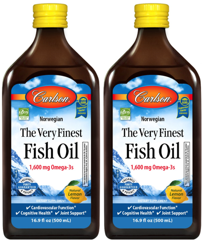 Carlson Very Finest Norwegian Fish Oil 33.8 FL OZ (1000 ml) - Lemon Flavor-Twin pack of 500ml